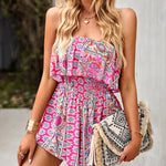 Off Shoulder Jumpsuit Floral Print Strapless Elastic Waist Wide Leg Shorts Romper Dress