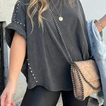 WASHED ROLL UP SLEEVE STUDDED OVERSIZED TEE