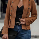 Stand Collar Open Front Button Decor Jacket