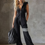 Sporty Retro Lace Striped Black Sleeveless Hooded Jumpsuit