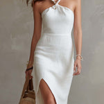 Vintage Halter-neck Split Hem Cotton Linen Midi Dress
