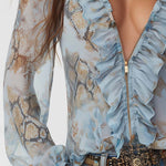 Ruffled Zip-Front Chiffon Blouse In Serene Blue Print