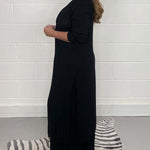 Nadorine Casual Two Pieces Suit V-Neck Long Sleeve Slit Hem Shirt Tops Wide-Leg Pants Sets