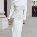 Draped Boat Neck Ruched Waist Maxi Dress