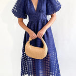 Remarkable Beauty Square Patterned Fabric Puff Sleeve Party Midi Dress