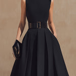 Belted High-Neck Pleated Maxi Dress
