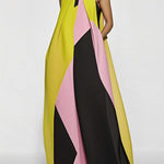 A-Line Loose Color-Block Pleated Split-Joint Round-Neck Maxi Dresses