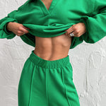 Nadorine Casual Two-Piece Set V-neck Fleece Sweatshirt High-waisted Wide-leg Pants