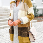 Stripe Print Colorblock Pocketed Open Front Long Cardigan