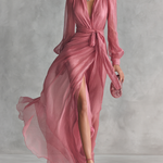 Women's Elegant Rose Pink Pearl Chiffon V-neck Tie-waist Long Dress
