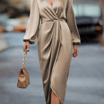 Loose Puff Sleeves Pleated Solid Color Split-Joint V-neck Midi Dresses