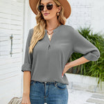 Nadorine Solid Color Shirt Loose Casual V Neck Long Sleeve Western Blouse