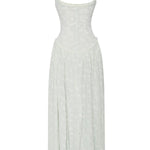 Ulissa Light Green Square Neck Jacquard Textured High Slit Maxi Dress