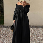 Loose Puff Sleeves Elasticity Pleated Solid Color Off-The-Shoulder Maxi Dresses