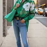 High-Low Long Sleeves Buttoned Flower Print Lapel Blouses&Shirts Tops