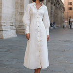 Elegant Linen-Blend Lantern Sleeve Midi Shirt Dress