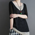 Artistic False Two Loose Ramie Cotton Half Sleeve Shirt