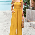 Sleeveless Lace-up Smocked Jumpsuits Solid Loose fit Wide Leg High Wasit Romper