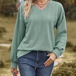 V-Neck Solid Color Twisted Knit Long Sleeve Loose T-Shirt Tops