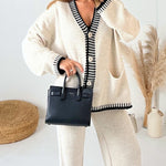 Nadorine Women's Casual Two-pieces Outfits Contrast Trim Knitted Cardigan and Trousers Pants Sets