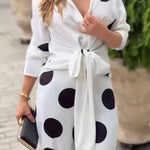 Fashion Lapel Long-sleeved Tie Waist Shirt and Casual Polka Dot Print Wide-leg Pants Set