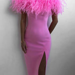 Off Shoulder Faux Fur Split Long Dress Wedding Evening Party Dress