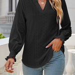 Solid color hollowed out gathered ruffle sleeve V-neck loose long-sleeved top