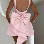 Stylish Pearl-embellished Large Bow Slim-fit Mini Dress