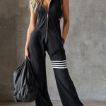 Sporty Retro Lace Striped Black Sleeveless Hooded Jumpsuit