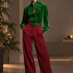 Retro Green Velvet Pleated Long-sleeved Shirt And Houndstooth Wide-leg Pants Set