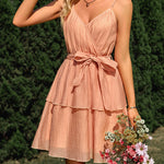 Casual solid color V-neck tie-waist suspender dress