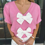 V Neck Short Sleeves Bow Knot Knit Top