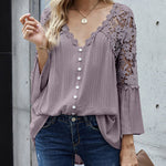 Nadorine Lace Boho Blouses Crochet Flowy Bell Sleeve Button Down Casual T Shirts
