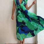 Nadorine Women's Casual Sleeveless Pleated Long Dress Loose Deep V Neck Holiday Dresses