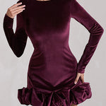 Velvet Round Neck Long Sleeve Ruched Puffy Hem Mini Dresses-Purple