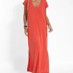 Nadorine Women's Casual V-neck Short Sleeve Loose Fit Slit Dress
