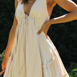 V-neck front and back drawstring large swing skirt irregular dress