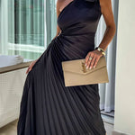 Romantic Nights Satin Raised Flower Elastic Cutout One Shoulder Pleated Maxi Dress