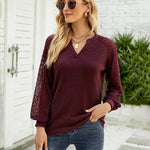 Nadorine V Neck Tops Solid Color Blouse Long Sleeve Pullover Lace Patchwork Shirt