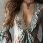 Vintage Tie Front Floral Silk Blouse With Lace Bell Sleeves