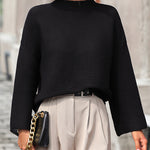 Nadorine Crewneck Knitted Sweater Solid Color Batwing Long Sleeve Pullover Jumper Top
