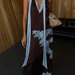 Sunday Social Contrast Color Satin Lace Trim Neck Strap Loose Tank