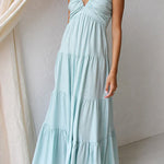 Margovil V Neck Ruffle Trim Tiered Sleeveless Linen Maxi Dress