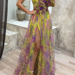 Margovil One Shoulder Waisted High Slit Mesh Overlay Printed Maxi Dress
