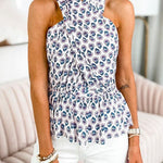 Criss Cross Halter Sleeveless Printed Ruffle Top
