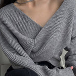 Margovil V Neck Criss Cross Front Ribbed Knit Sweater