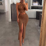 Women's Two Piece Set Criss Cross Halter Backless Crop Top and High Slit Ruched Skirt Sexy Matching Set