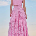 Margo Lace Hollow Out Crewneck Crop Tank Top High Waist Maxi Swing Skirt Set
