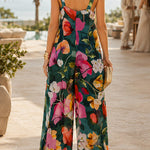 V Neck Sleeveless Floral Print Wide Leg Jumpsuit