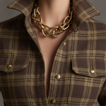 Retro Ethnic Style Lapel Reddish Brown Plaid Maxi Dress